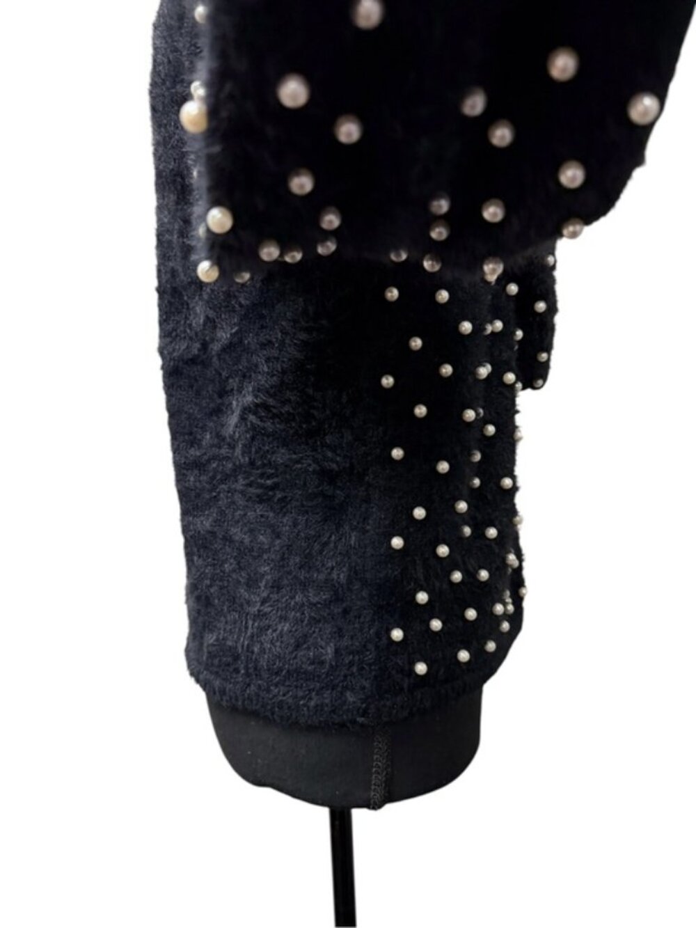 BIBI Black Pearl Embellished Fuzzy Sweater L V Neck Bow Holiday Glam - Picture 8 of 11